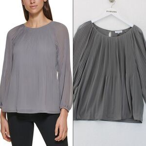Calvin Klein Long Sleeve Pleated Chiffon Bl Tin XL
